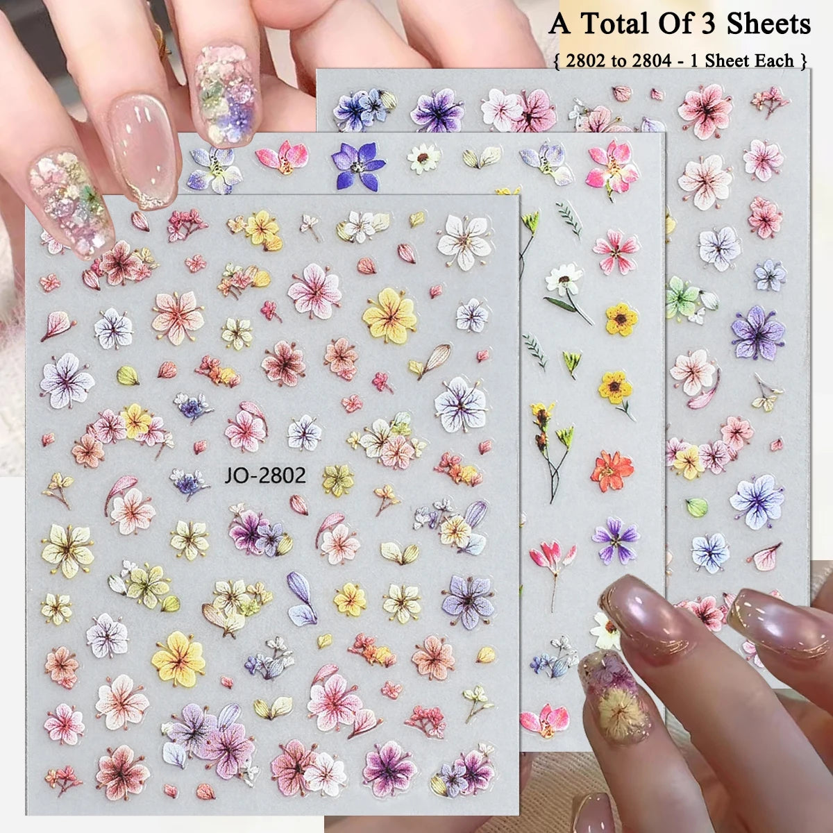 3 to 30 Sheets Floral Nail Stickers Watercolor Flower Petal Botanical Spring Garden Soft Pastel Self-Adhesive Nail Art Decals