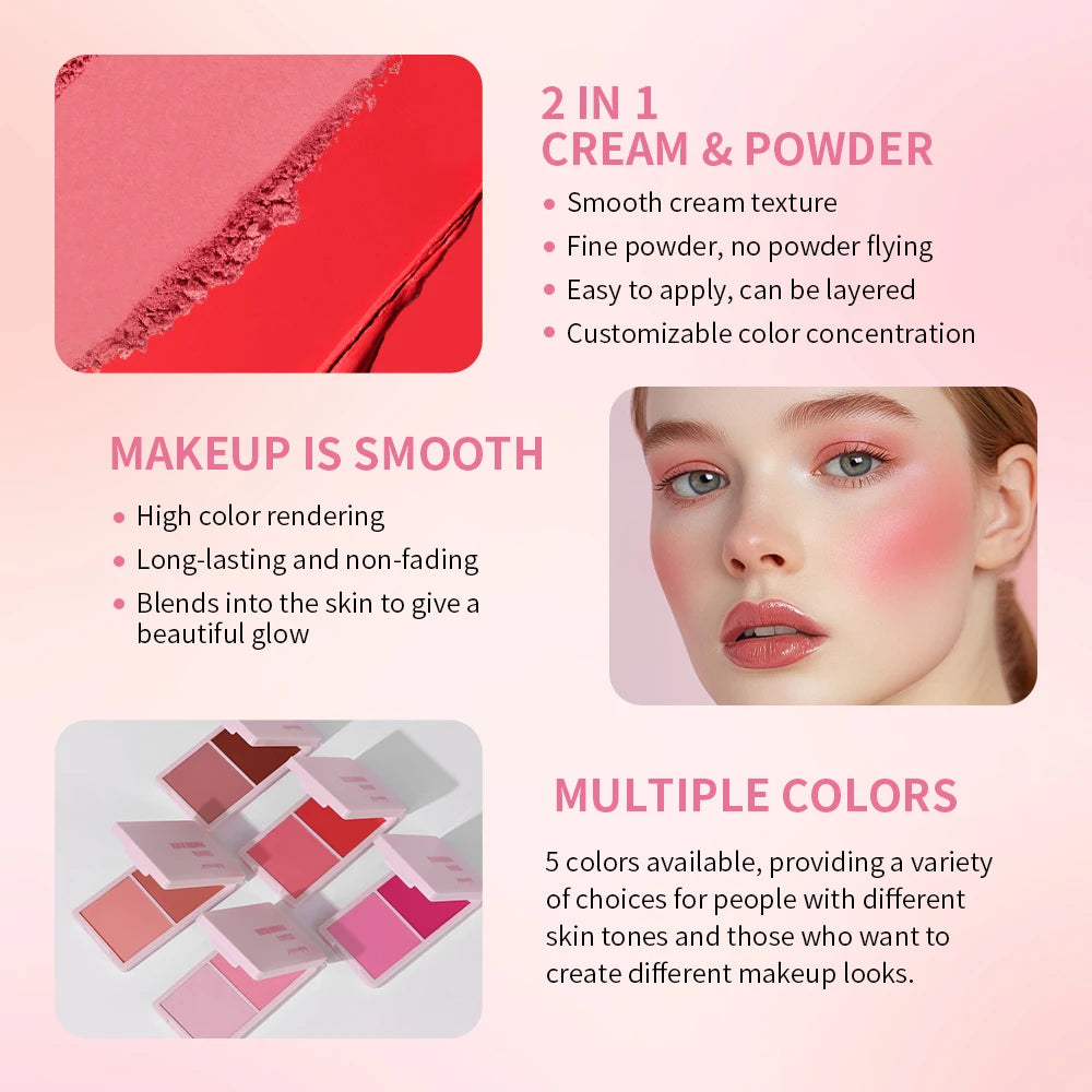 5Colors Cream & Powder Blush Matte Dewy Rosy Blush Makeup Pan Long-lasting Wearing High Pigment Natural Matte Blush Cosmtics