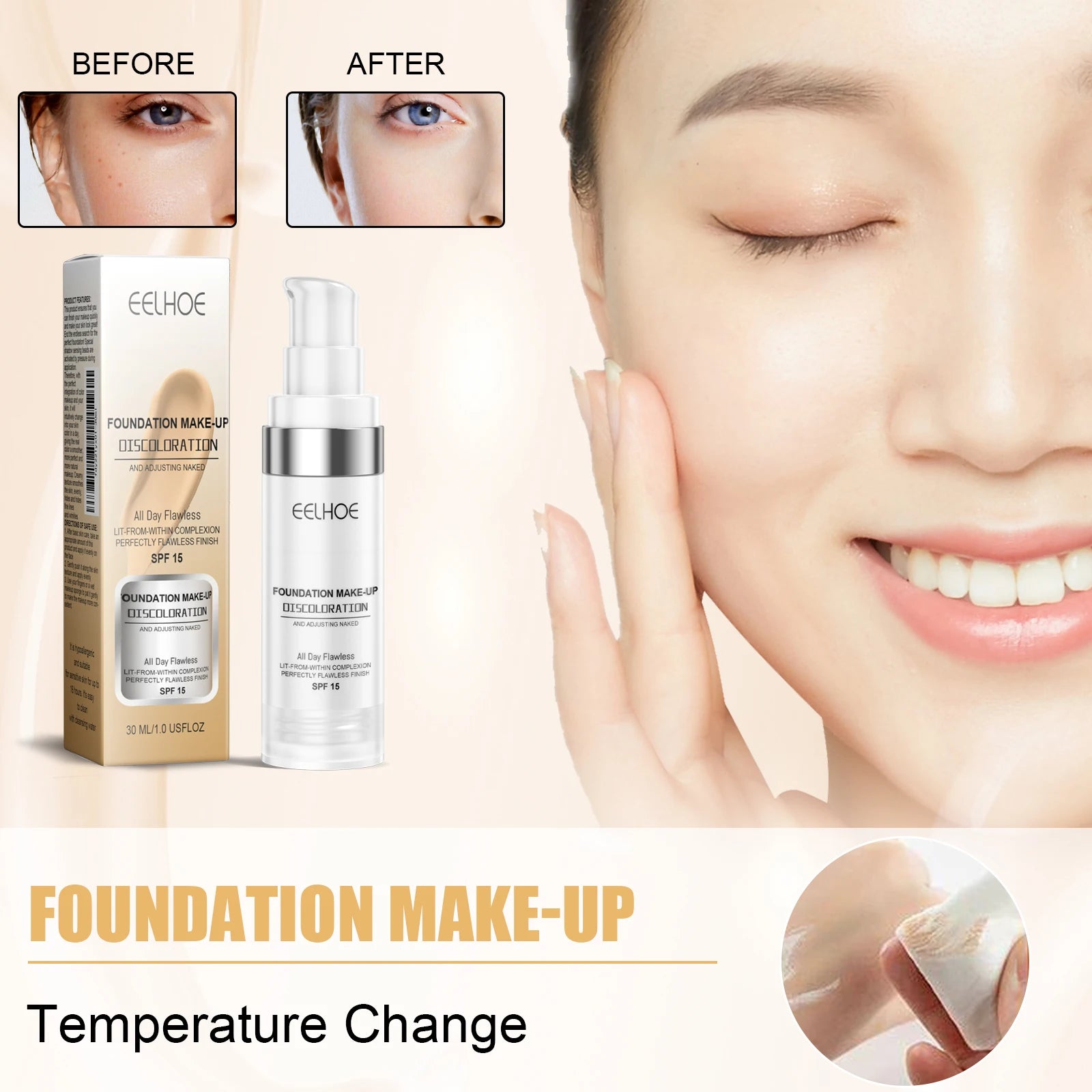 30ml Color Changing Foundation Long-Lasting Hydrating Transfer-Proof Skin Tone Adjust Brightening Lightweight All Skin Types