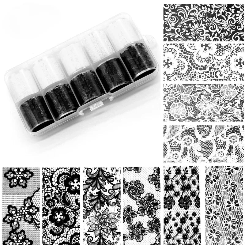 10 Rolls/Box White Black Nail Transfer Sticker Lace Nail Art Foils Set Paper DIY Manicure Nail Decoration Accessories