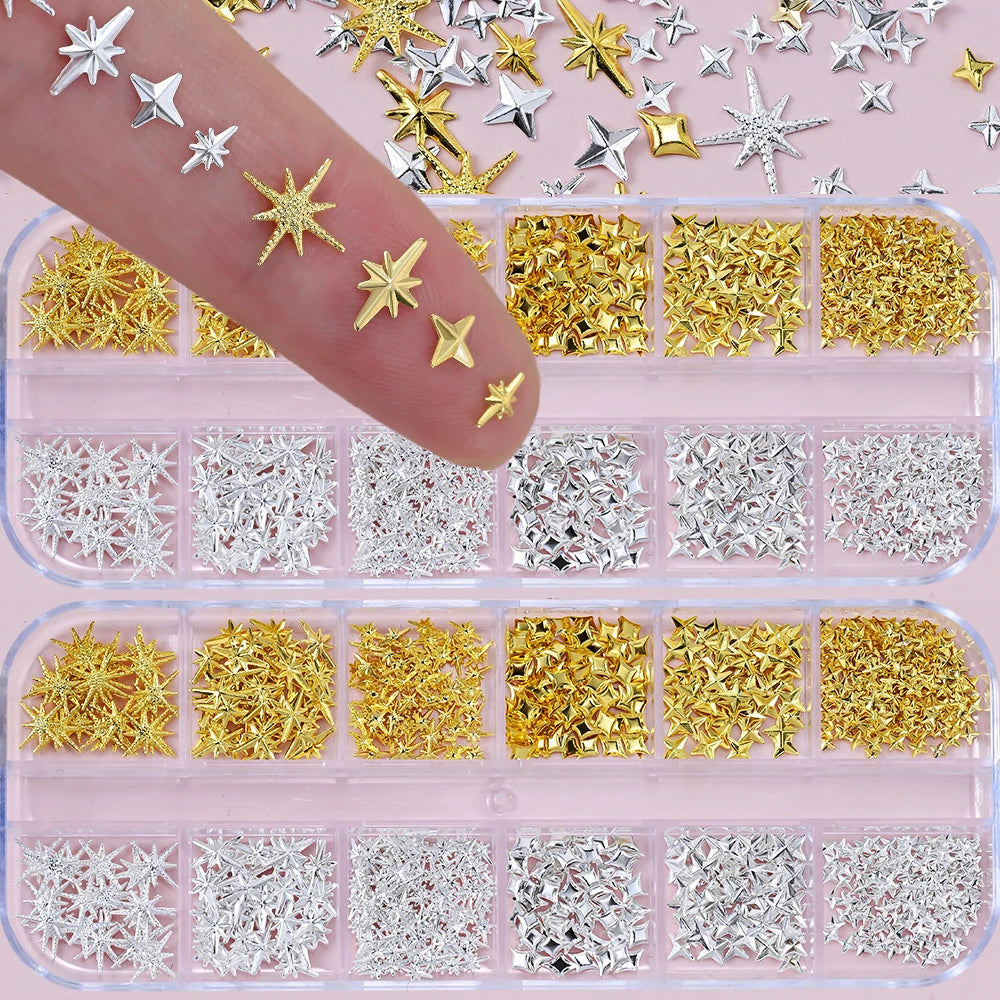 1000Pcs-12grids 3D Gold Silver Star/Cross Nail Rivet Studs Alloy Metallic Starlight Nail Charms Y2K 3d Cross/Star Manicure Rivet