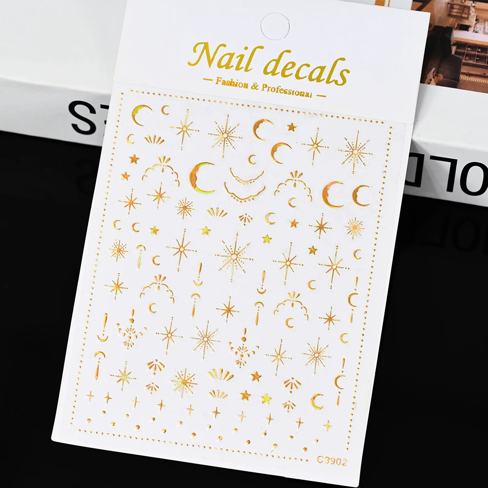 3D Gold Silver Star Nail Art Stickers Black White Crescent Moon Decals Self Adhesive Slider Polish Stickers Manicure Decoration
