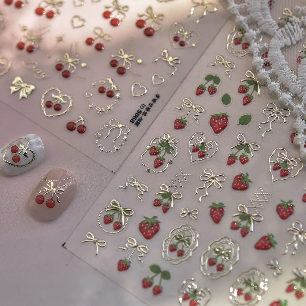 Strawberry Nail Art Stickers 5D Gold Silver Embossed Strawberry Jelly Nail Decals Sticker Bow Heart Shape Adhesive Sliders