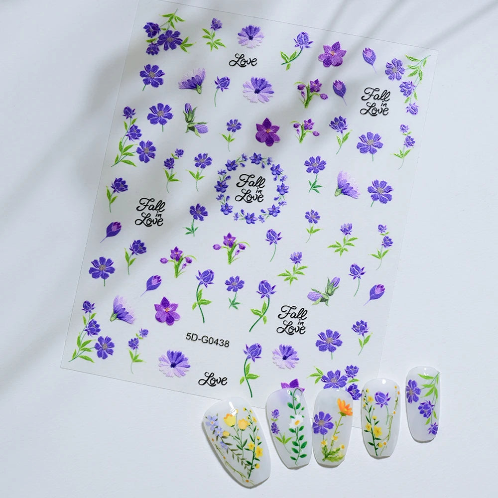 1PC 5D Macaron Flower/Fruit Nail Charms Sticker Embossed Bear/Rabbit/Letter Nails Slider Decals Summer Adhesive Manicure Decor&Y