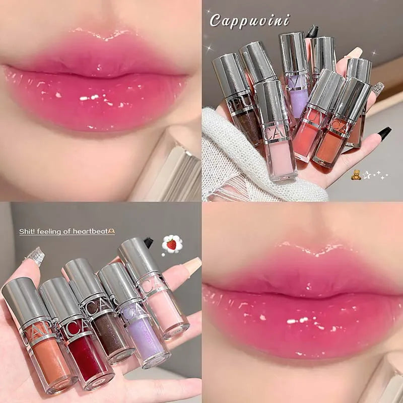 Mirror-like, moisturizing glass lip gloss with long-lasting, clear, plumping, and lip line-reducing properties. Lip gloss.