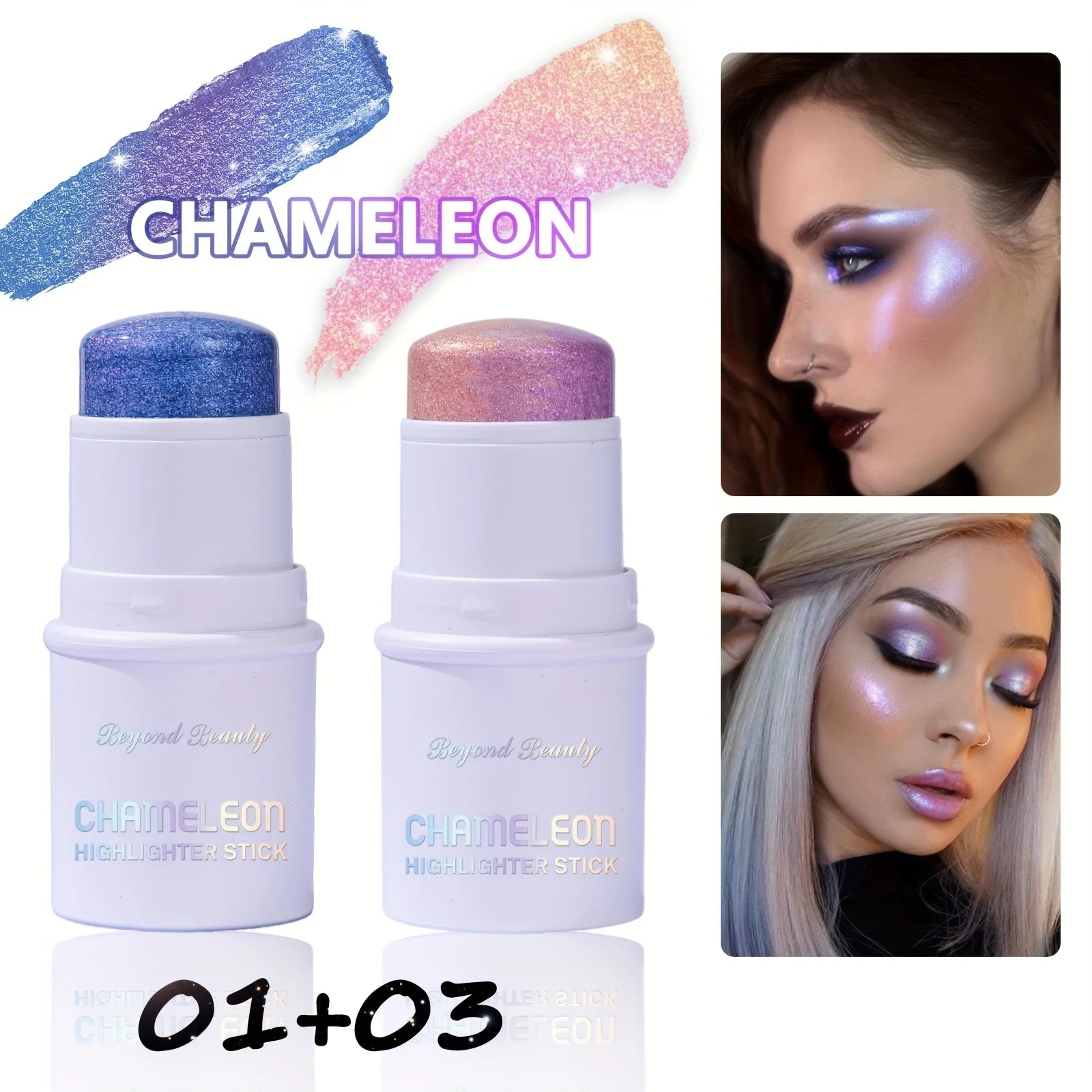2PCS SET Chameleon Face Highlighter Stick, Multichrome Glitter Shimmer Highlighter Makeup