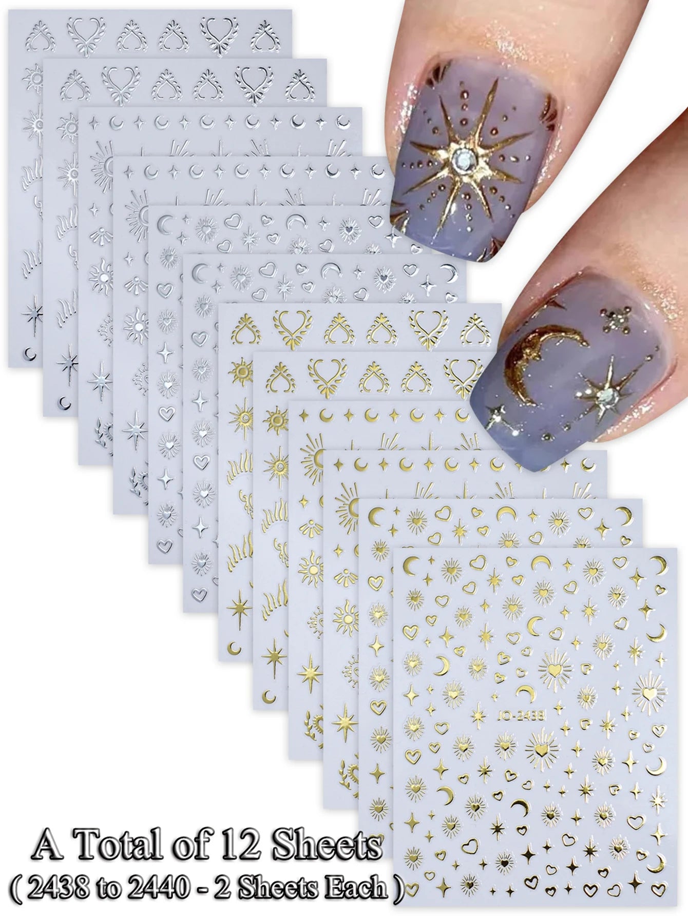 6/12 Sheets Gold & Silver Star, Moon & Heart Nail Stickers, Self-Adhesive 3D Nail Art Decals for DIY Manicure Decoration