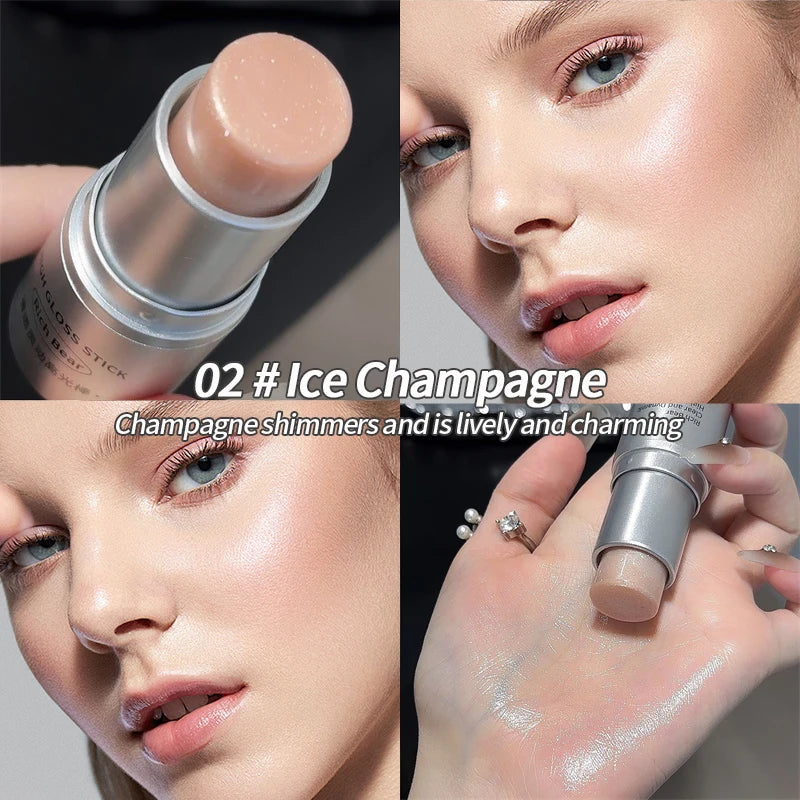 Rich Bear Highlighter Stick - Dewy Finish, Contour & Blush 3-in-1, Natural Glow with Fine Shimmer, Affordable Makeup Stick