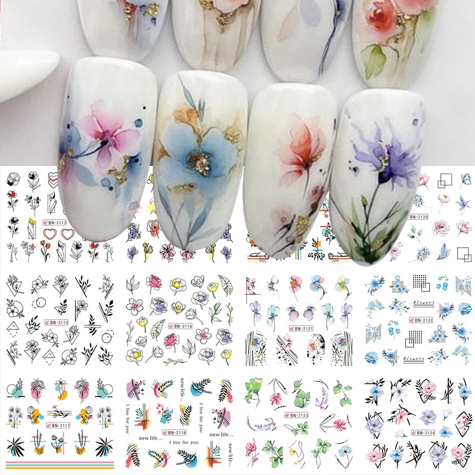 12pcs Geometry Flower Leaf Nail Stickers Line Graffiti Painted Colorful Water Decal Link Blooming Slider for Nail Decoration