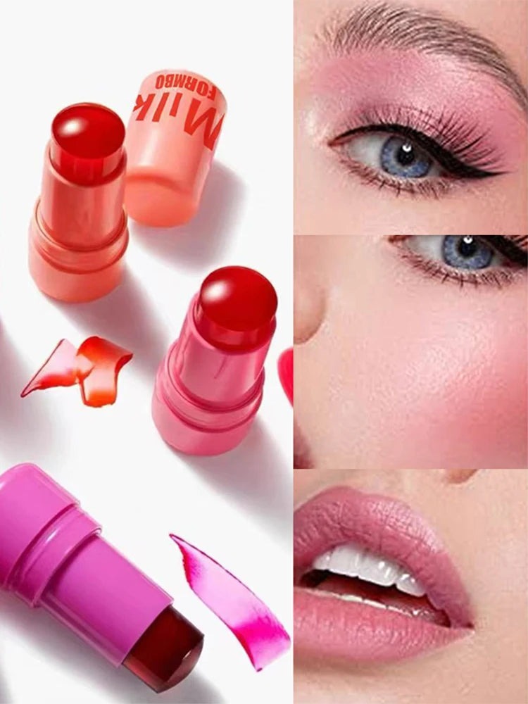 3-in-1 Milk Jelly Tint Facial Blusher Wand Moisturized Long Lasting Matte Rouge Cheek Contour Lipstick Sticker Beauty Makeup