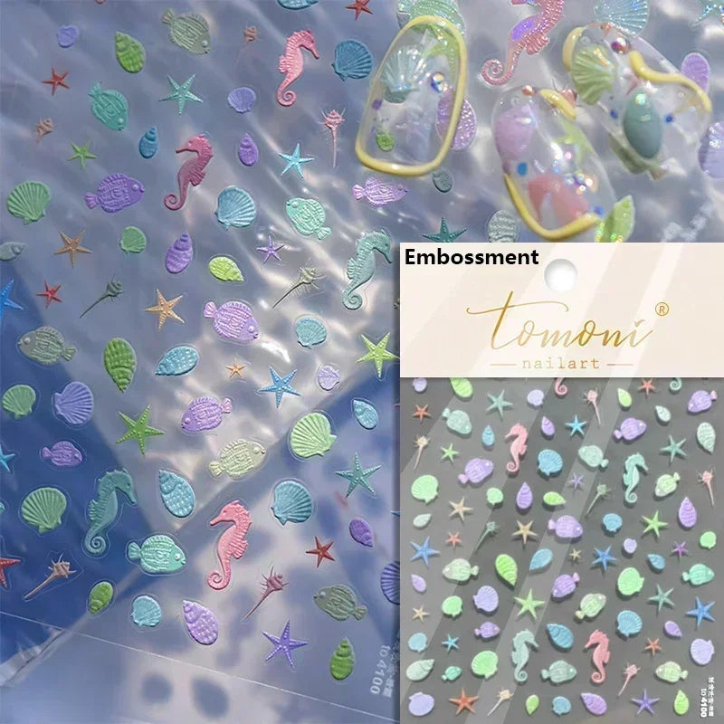 Sea Wave Jellyfish Starfish Conch Shell Dolphin Pearl Summer Beach Goldfish Water Bubble Mermaid Koi INS Nail Art Stickers Decal