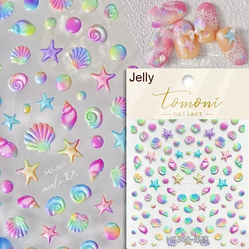 Sea Wave Jellyfish Starfish Conch Shell Dolphin Pearl Summer Beach Goldfish Water Bubble Mermaid Koi INS Nail Art Stickers Decal