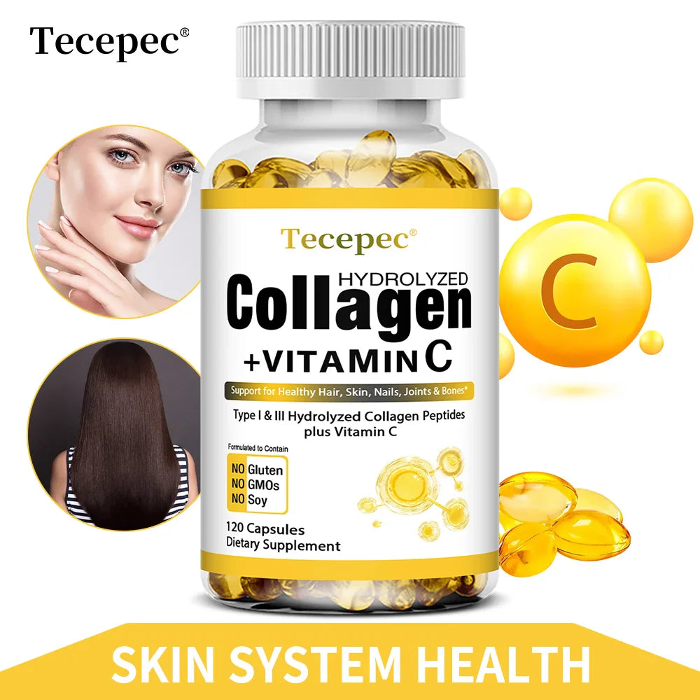 Hydrolyzed Collagen Peptides Capsules - with Vitamin C - Support for Healthy Hair, Skin, Nails, Joints & Bones,Antioxidants