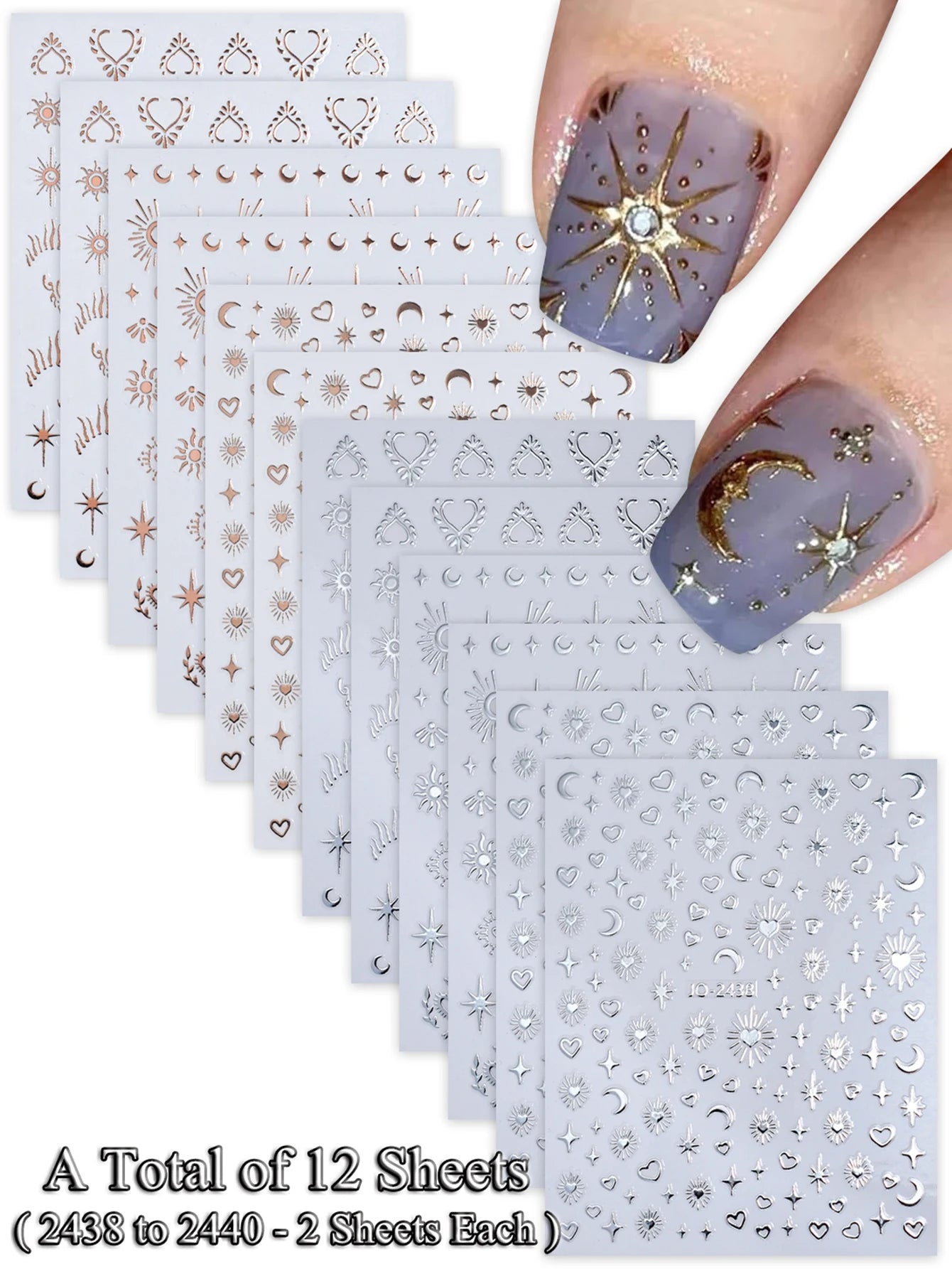 6/12 Sheets Gold & Silver Star, Moon & Heart Nail Stickers, Self-Adhesive 3D Nail Art Decals for DIY Manicure Decoration