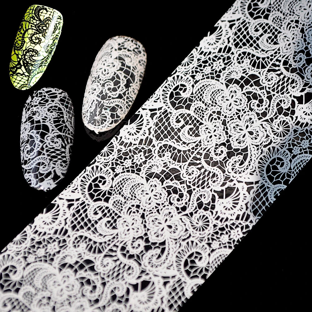 Cool Lace Nail Foil Sticker White Black Flower Pattern Swirl Vines Nail Art Design Glue Transfer Decal Foil Manicure Supplies