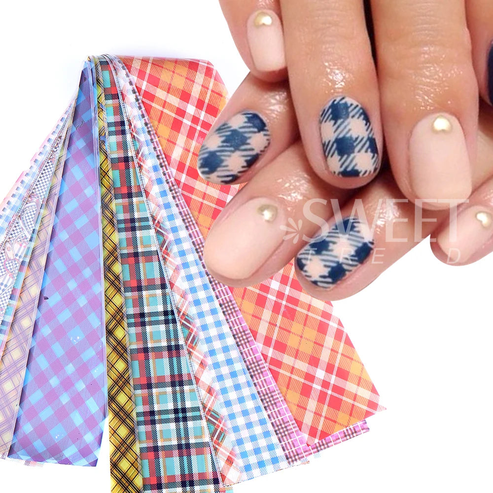 10PCS Plaid Nail Art Foil Transfer Paper Black White Grid Animal Plaid Print Pattern Nail Sticker Manicure Decals Decorations