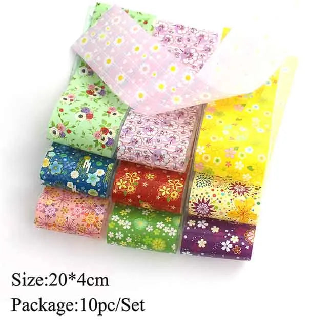 10pcs Holographic Nail Foil Slider Mix Flower Designs Set Transfer Nails Stickers Floral Prints Manicure Decal Art Decoration