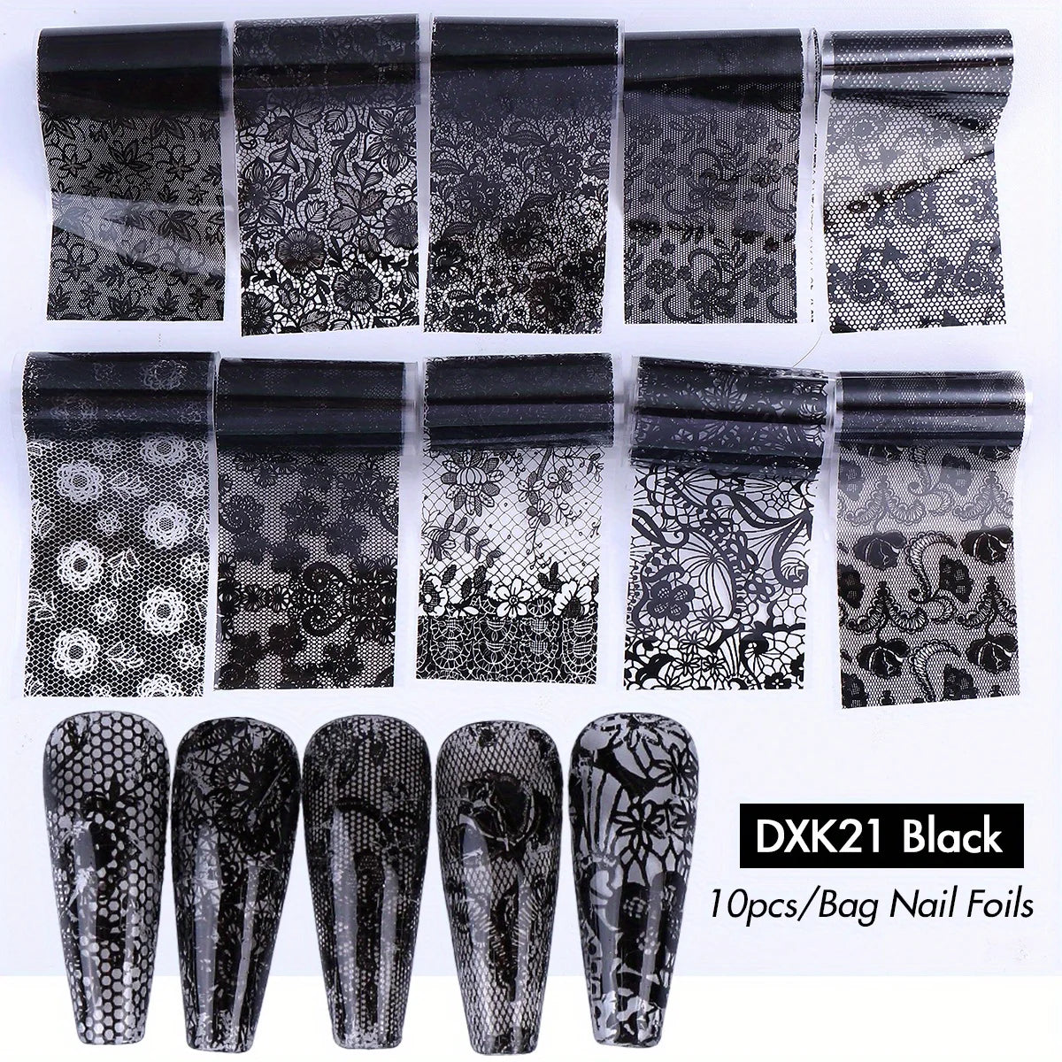 10/20pcs Elegant Black White Lace Flowers Nail Transfer Foils Fantasy Retro Floral Starry Sky Paper Sticker Manicure Accessories