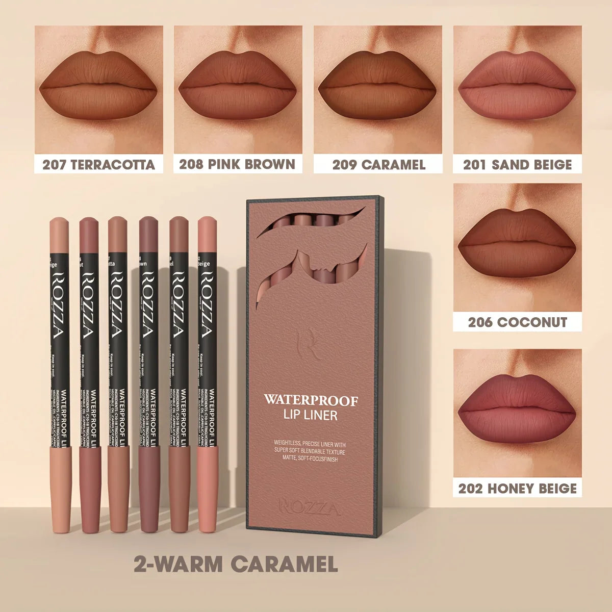 6pcs ROZZA Nude Lip Liner Set - Water-Resistant, Matte Finish Crayon Lip Pencils Non-Smudging & Easy-to-Apply