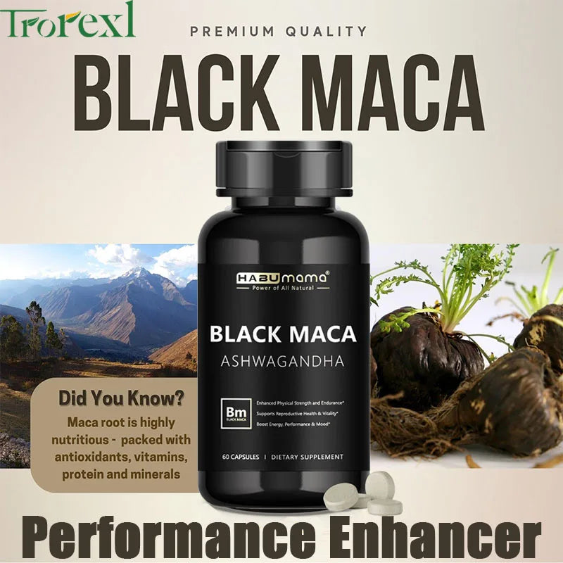 Organic Black Maca -60 Tablets 100% Pure Non-GMo Supports Reproductive Health Natural Energizer Stamina Performance Enhancer