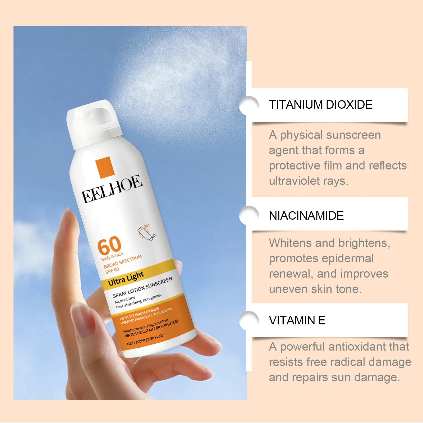 EELHOE Vitamin E Sunscreen Spray 100ml Long-lasting Deep Moisturizing Anti-UV Skin Protector Anti Oxidant Face Body Skin Care