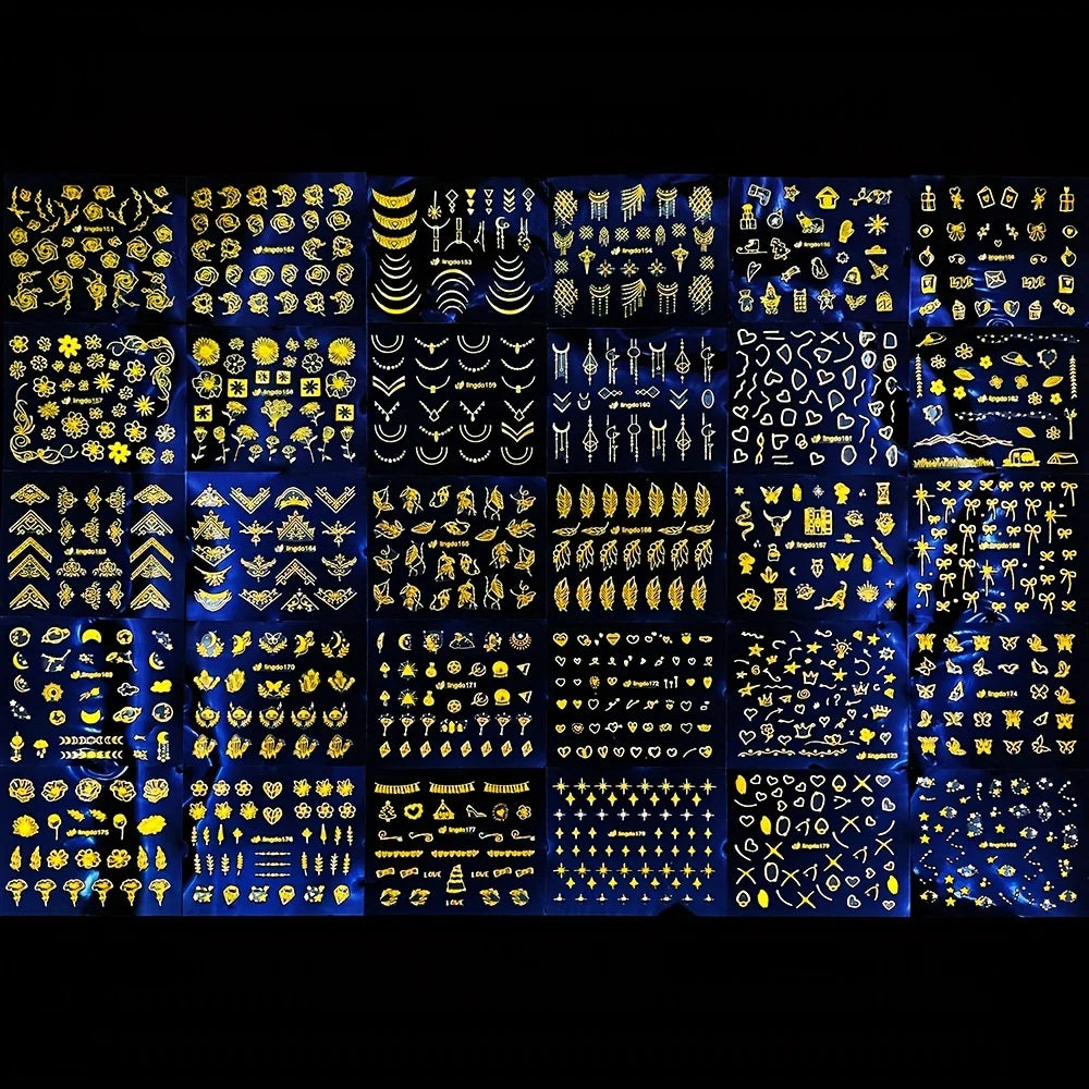 30 Sheets Golden Floral Nail Art Stickers - 3D Self-Adhesive Shimmering Leaf & Flower Designs for DIY Manicure