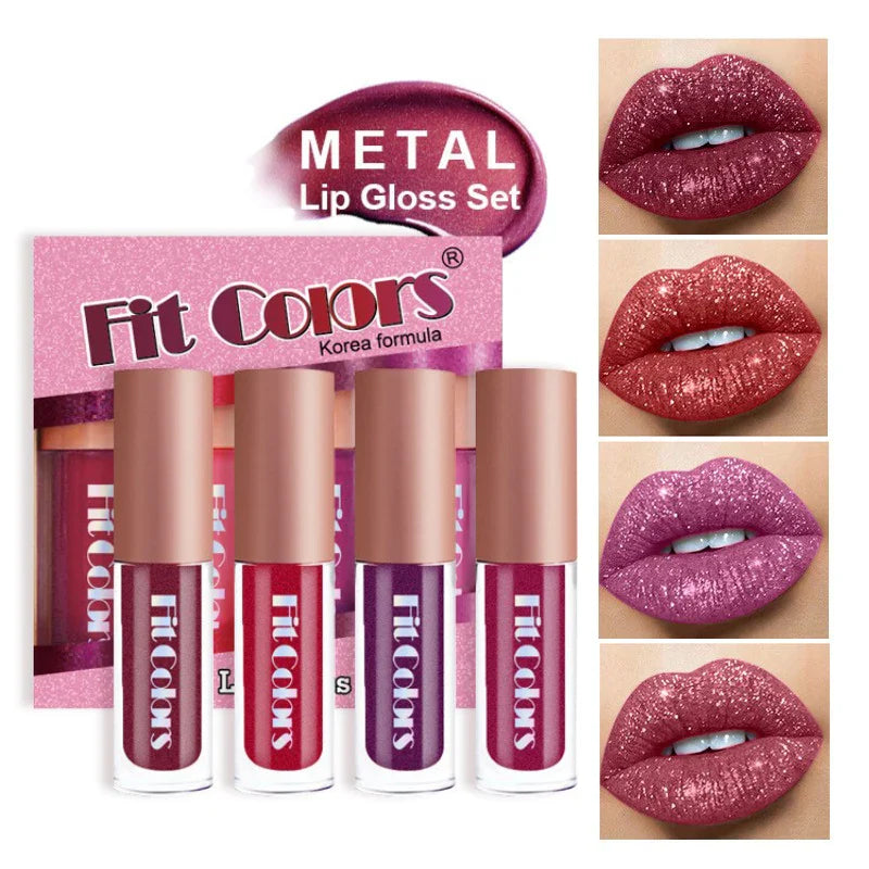 Fit Colors Velvet Lip Gloss Set — 4-Piece Non-Transfer, Diamond Finish, Long-Lasting Lip Gloss Collection