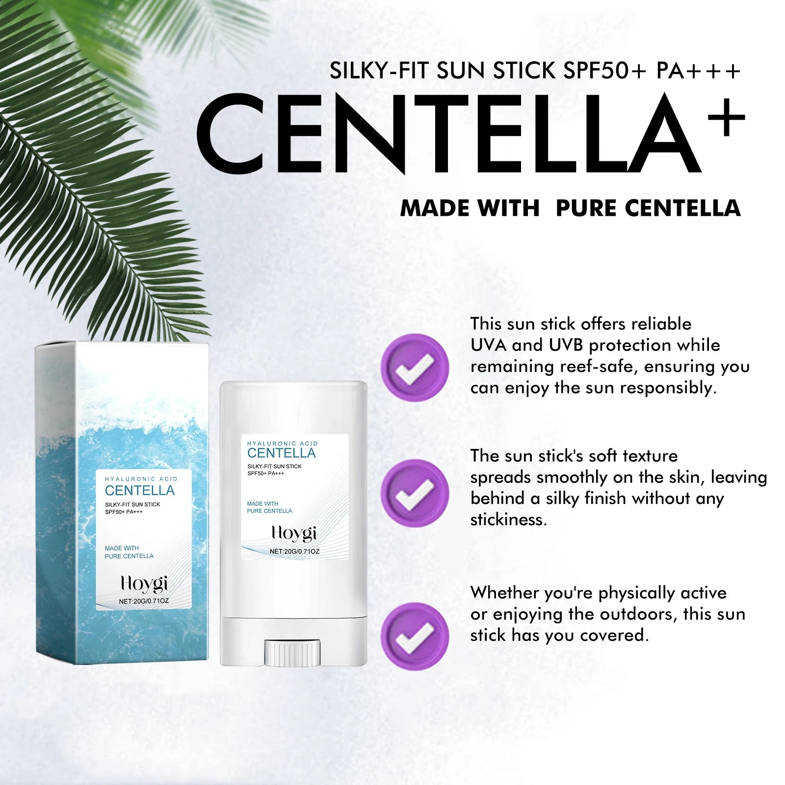 Hoygi Hyaluronic Acid Sunscreen Stick Broad Spectrum SPF 50+ Hydrating Non-Greasy Fast Absorbing for Face and Body On-The-Go