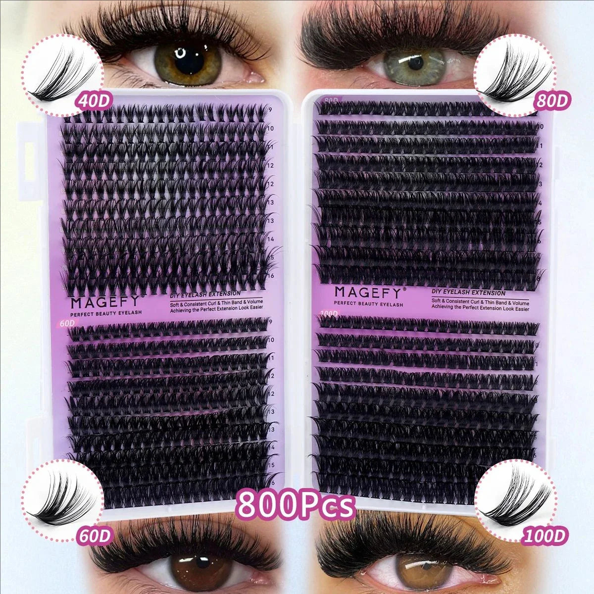 MJ DIY Lashes Extensions Kit 640pcs Lash Clusters 80D/100D Wispy Individual Lashes Mix 9-18mm Cluster Eyelash Extension