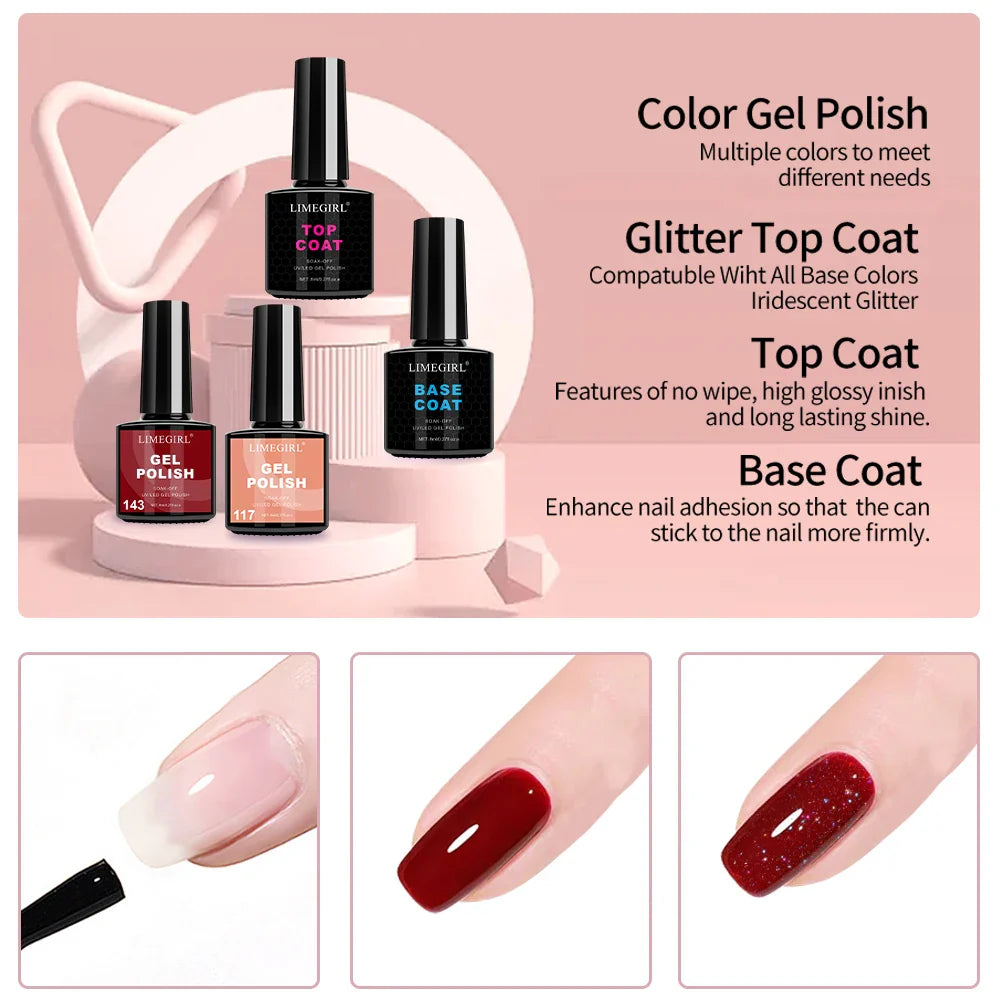 LIMEGIRL Gel Nail Polish Kit UV Soaking Gel Primer Polish Manicure Kit with UV LED Lamp Dryer Semi-Permanent Gel Varnish Kit