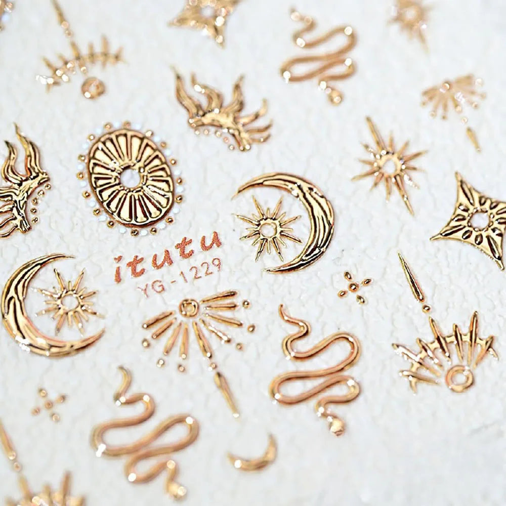 Gold Silver Snake Stars Nail Stickers for Nail Decoation Decals 5D Self-Adhesive Bronzing Stars Moon Totem DIY Supplies Slider
