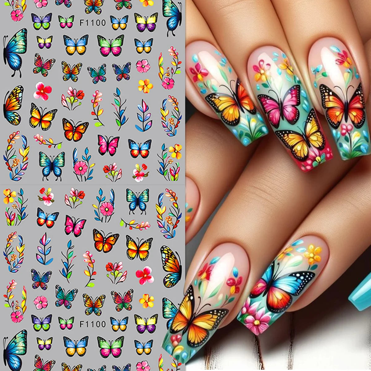 Spring and summer flower butterfly nail stickers, easy to apply for nail decoration DIY, gifts, party and wedding makeup styling
