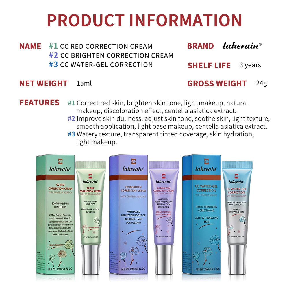 Lakerain CC Correcting Cream Brighten Water-gel Red Correction 3 Functions Cover Blemishes CC Cream Women Face Base Makeup