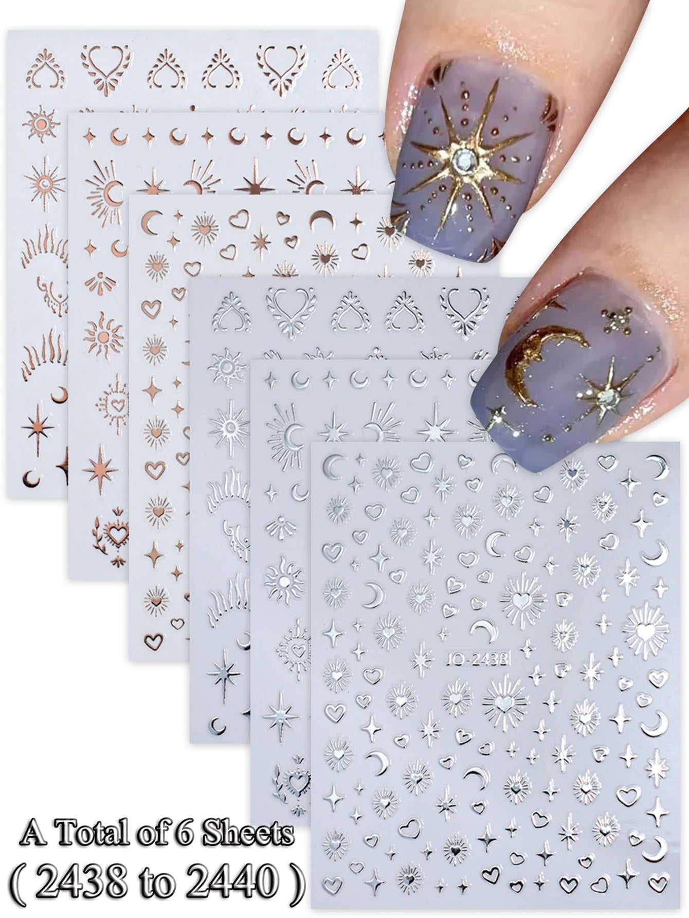 6/12 Sheets Gold & Silver Star, Moon & Heart Nail Stickers, Self-Adhesive 3D Nail Art Decals for DIY Manicure Decoration