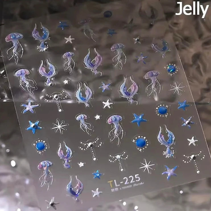 Sea Wave Jellyfish Starfish Conch Shell Dolphin Pearl Summer Beach Goldfish Water Bubble Mermaid Koi INS Nail Art Stickers Decal