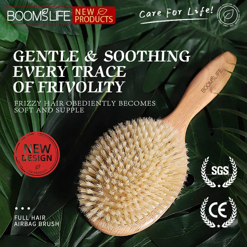 BOOMSLIFE Soft Boar Bristle Hair Brush Women Custom Scalp Massage Detangle HairbrushOak Wood Comb for Hair  Barber Accessories