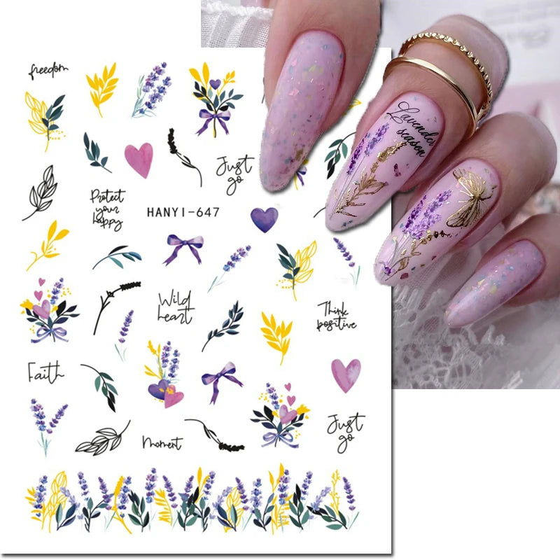 3d Nail Art Decals Watercolor Florals Purple Green Pink Flowers Leafs Fruit Adhesive Sliders Nail Stickers For Manicure