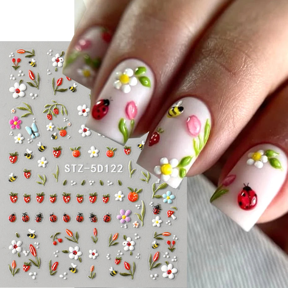 3D Embossed Kawaii Ladybug Sliders Spring White Daisy Flowers Nail Stickers DIY Simple Petals Wedding Nails Decals Accesories