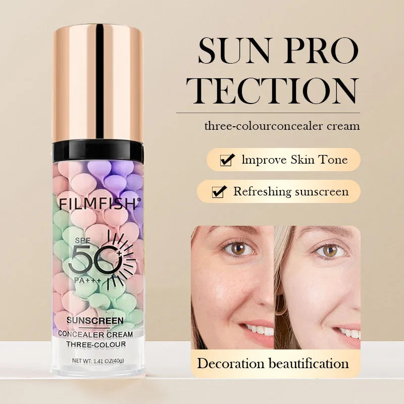 Face Makeup Primer Tri-color Cream Contour Color Isolation Waterproof Makeup Foundation Natural Makeup Base Cream 40g