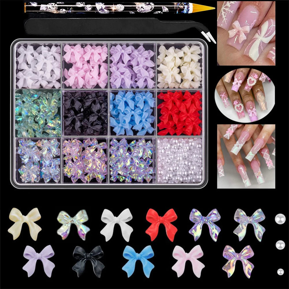 1 Box Pink White Series Bow Heart Nail Charms 3D Arcylic Nail Art Decorations Pearl 5-petal Flower Jewelry Manicure Accessories*