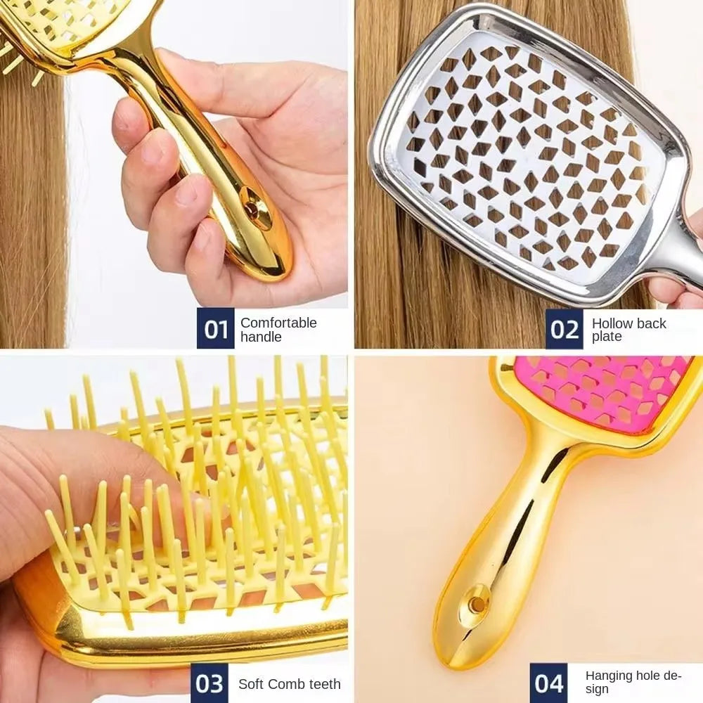 Square Shape Mesh Comb for Hair Fluffy Detangling Scalp Massage Hairbrush Wide Teeth Hollow Brush Salon Barber Gold-plated Comb