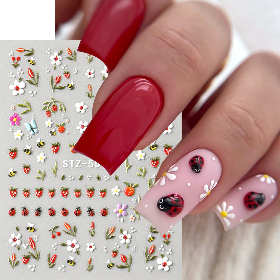 3D Embossed Kawaii Ladybug Sliders Spring White Daisy Flowers Nail Stickers DIY Simple Petals Wedding Nails Decals Accesories