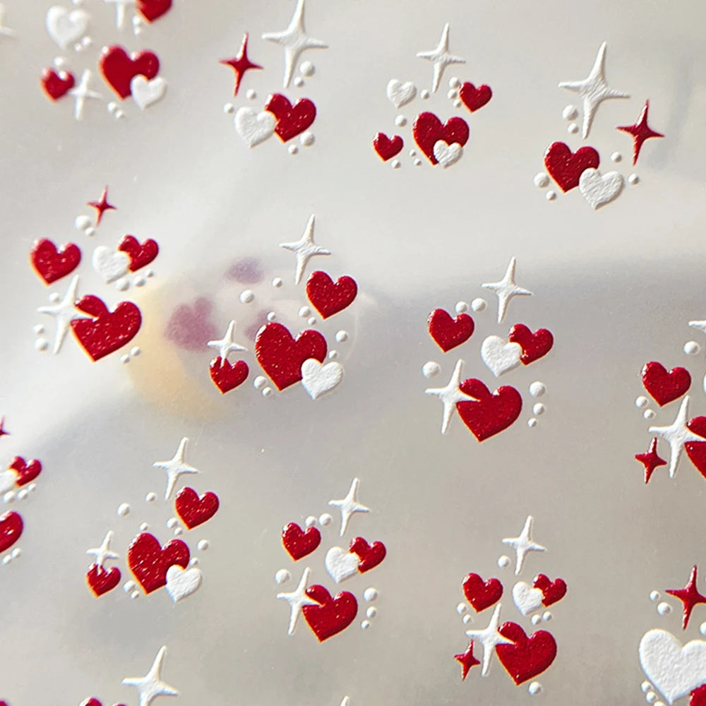 3D Valentine' s Day Love Heart Nail Art Sticker Red White Cross Stars Self-Adhesive Nail Decals 8*10cm Kawaii Heart Nail Sticker