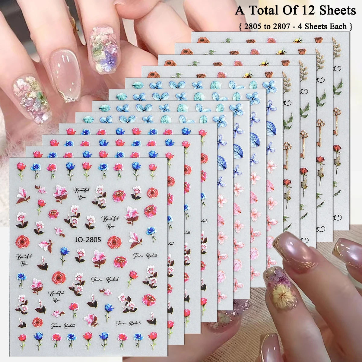3 to 30 Sheets Floral Nail Stickers Watercolor Flower Petal Botanical Spring Garden Soft Pastel Self-Adhesive Nail Art Decals