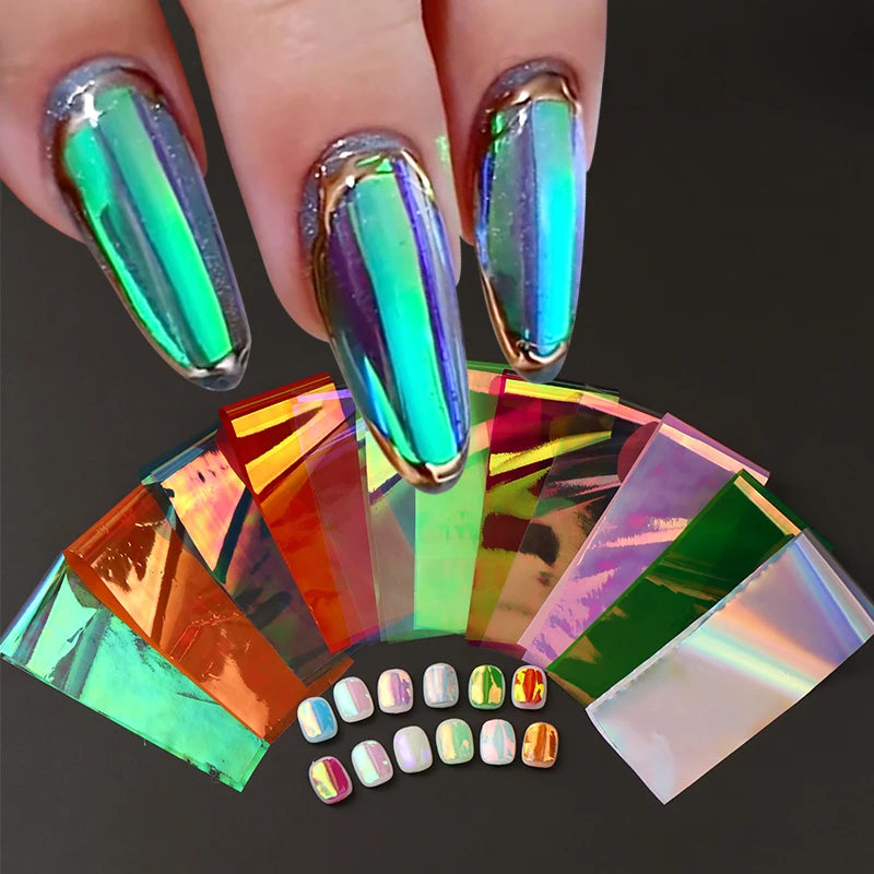 12pcs Aurora Foils Nail Art Stickers Holographic Laser Glass Paper Iridescent Cellophane Sliders Y2K Ice Cube Nail Art Decor