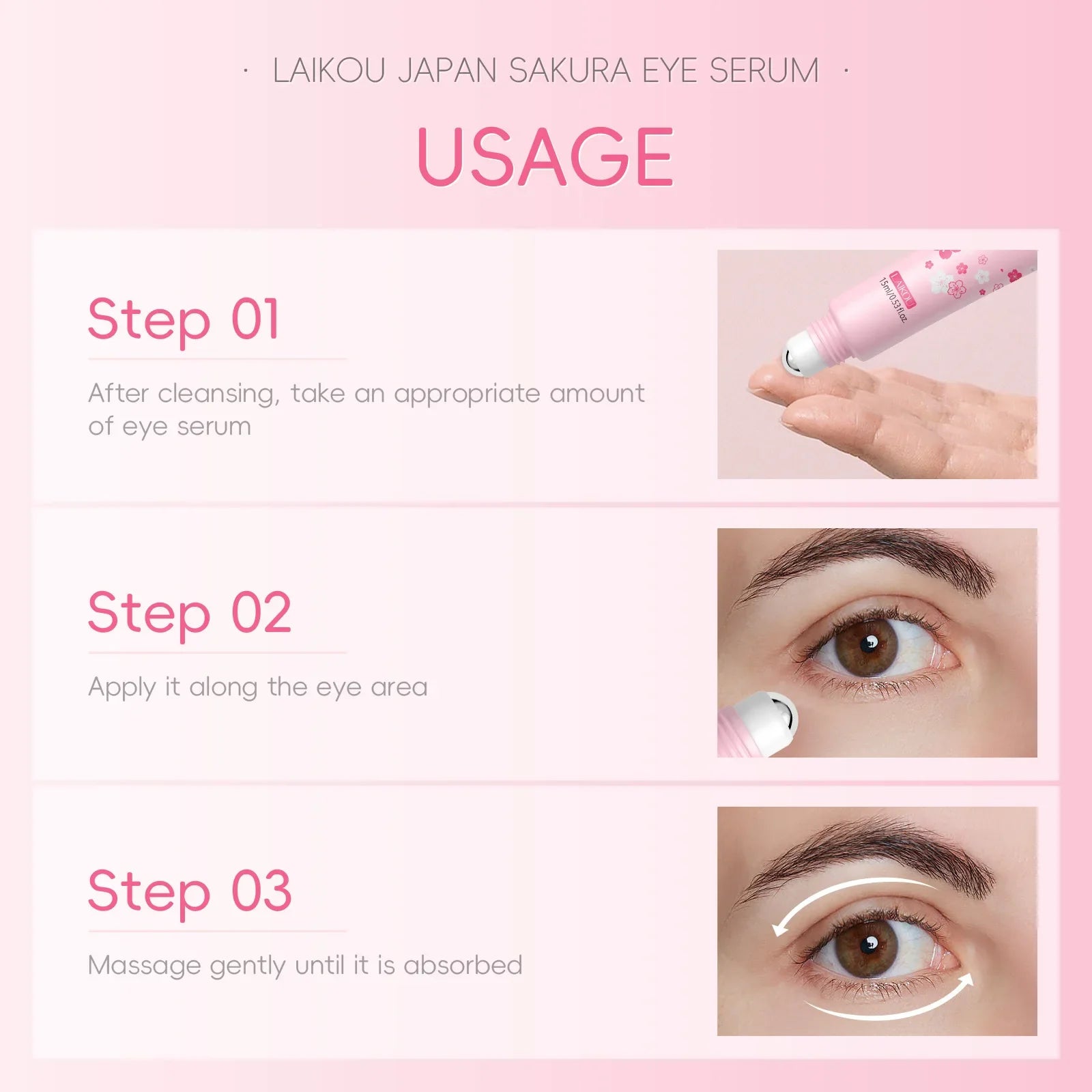 LAIKOU Sakura Eye Serum Roller Massage Hyaluronic Acid Skin Care Eye Bags Cream Moisturizing Dark Circles 15ml