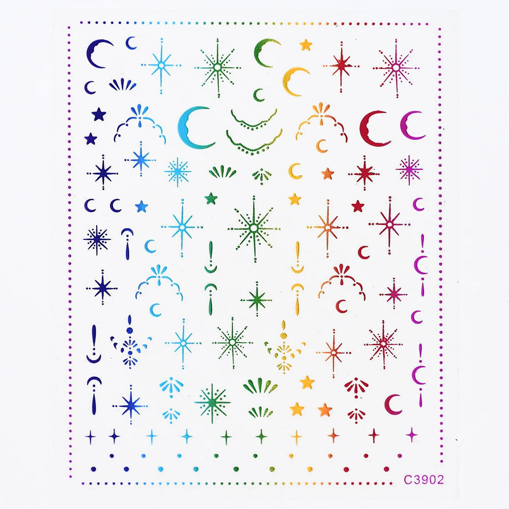 3D Gold/ Silver Star/Sun/Moon Bronzing Nail Art Sticker Laser Star Moon Styles Nail Decal Gold Silver Self-Adhesive Slider 1Pcs