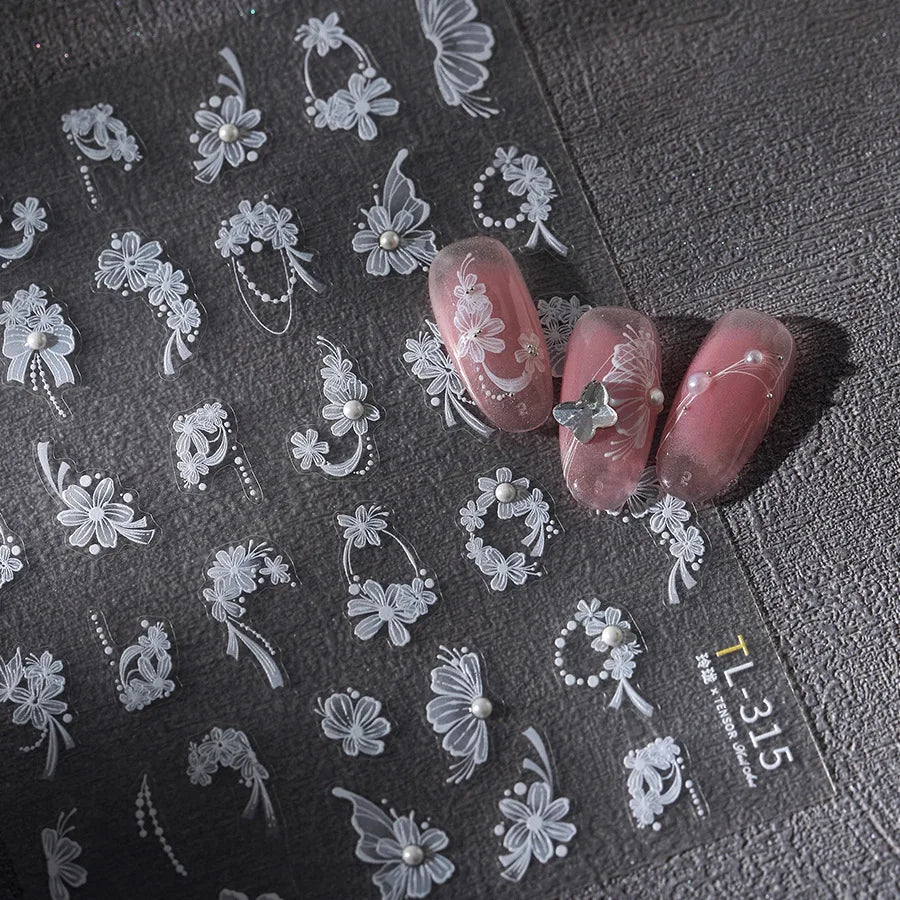 Elegant Flowers Nail Art Stickers 5D Crystal Diamond Nails Decorations Stickers Tassel White Pear Blossom DlY Autumn Nail Decals