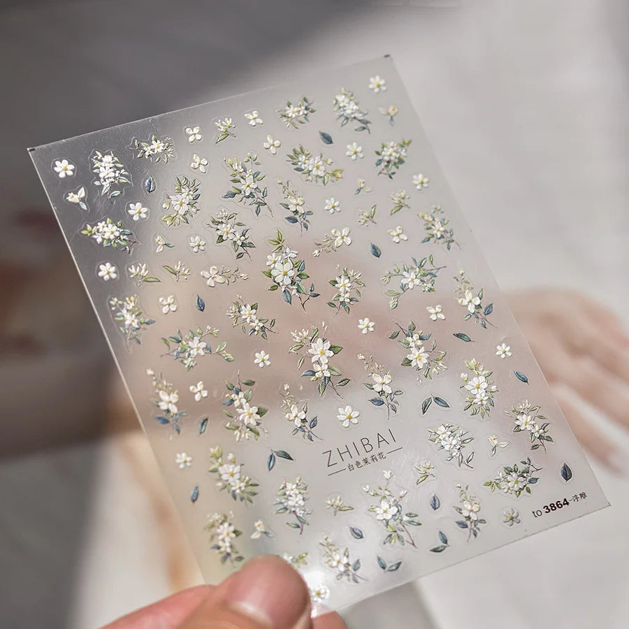 1pcs 5D Glitter Jasmine Flower Nail Stickers Kawaii Embossed Flower Self-Adhesive Nail Art Decorations Decal Manicure Tools DIY