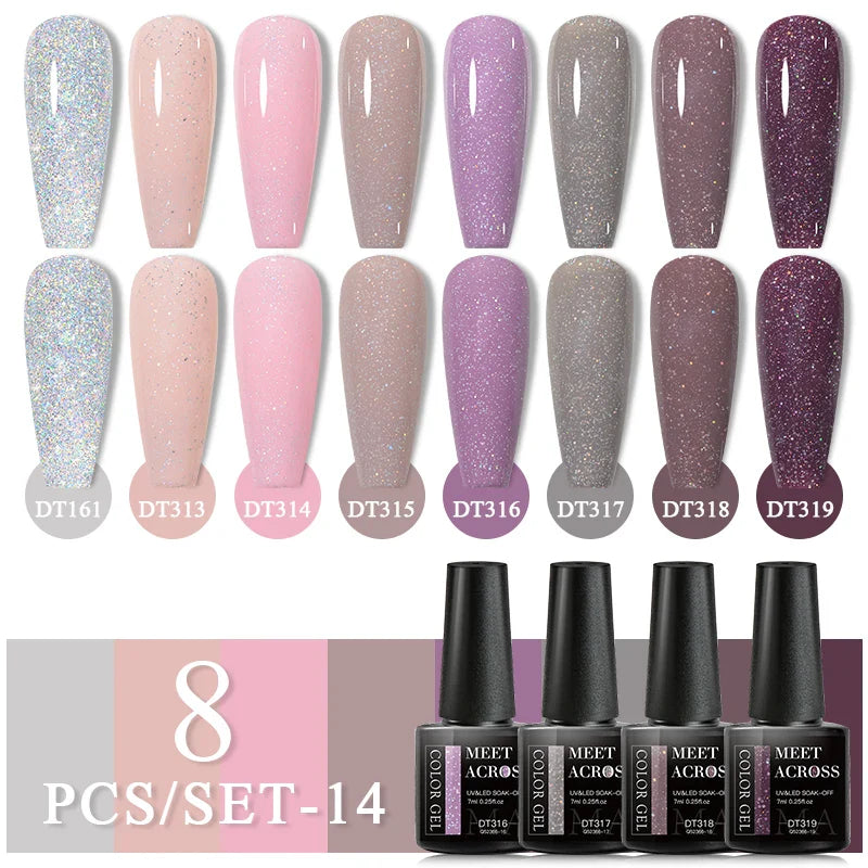 MEET ACROSS 8Pcs/Set Glitter Red Pink Orange Gel Nail Polish Semi Permanent Soak Off UV Gel Varnish Nail Art Manicure Kit